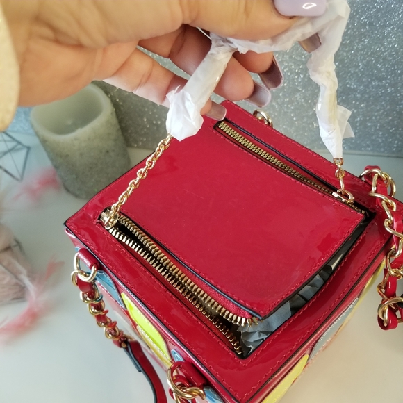 Retro Glossy Red Multicolor Square Rubiks Cube Shape Purse Chain Handbag NEW - Picture 7 of 16